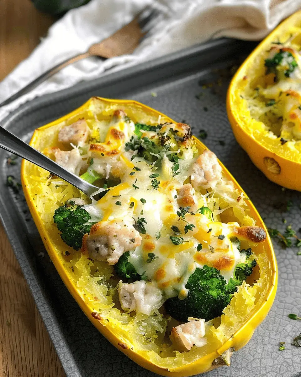 Stuffed Spaghetti Squash with Broccoli, Spicy Italian Sausage, and Cheddar Cheese Delight