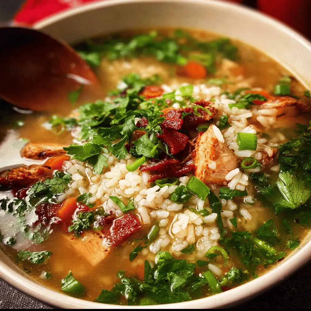 Savory Soup Rice with Turkey Bacon and Chicken Ham Delight