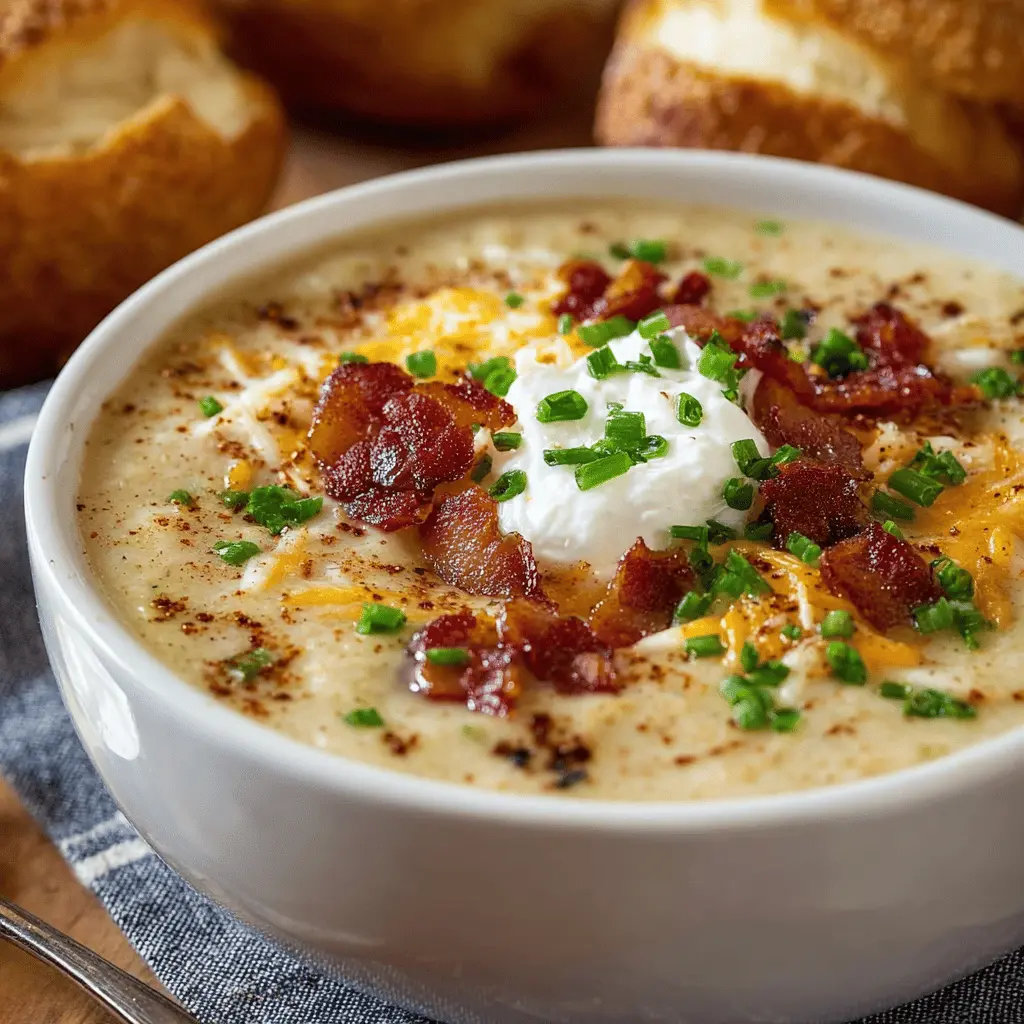 Rich Creamy Baked Potato Soup with Turkey Bacon and Chicken Ham