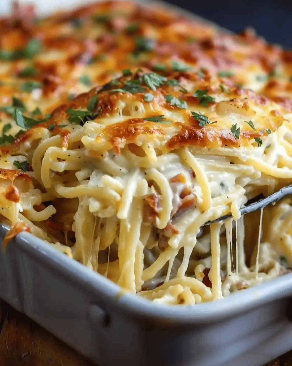 Creamy Southern Spaghetti Bake with Turkey Bacon and Chicken Ham