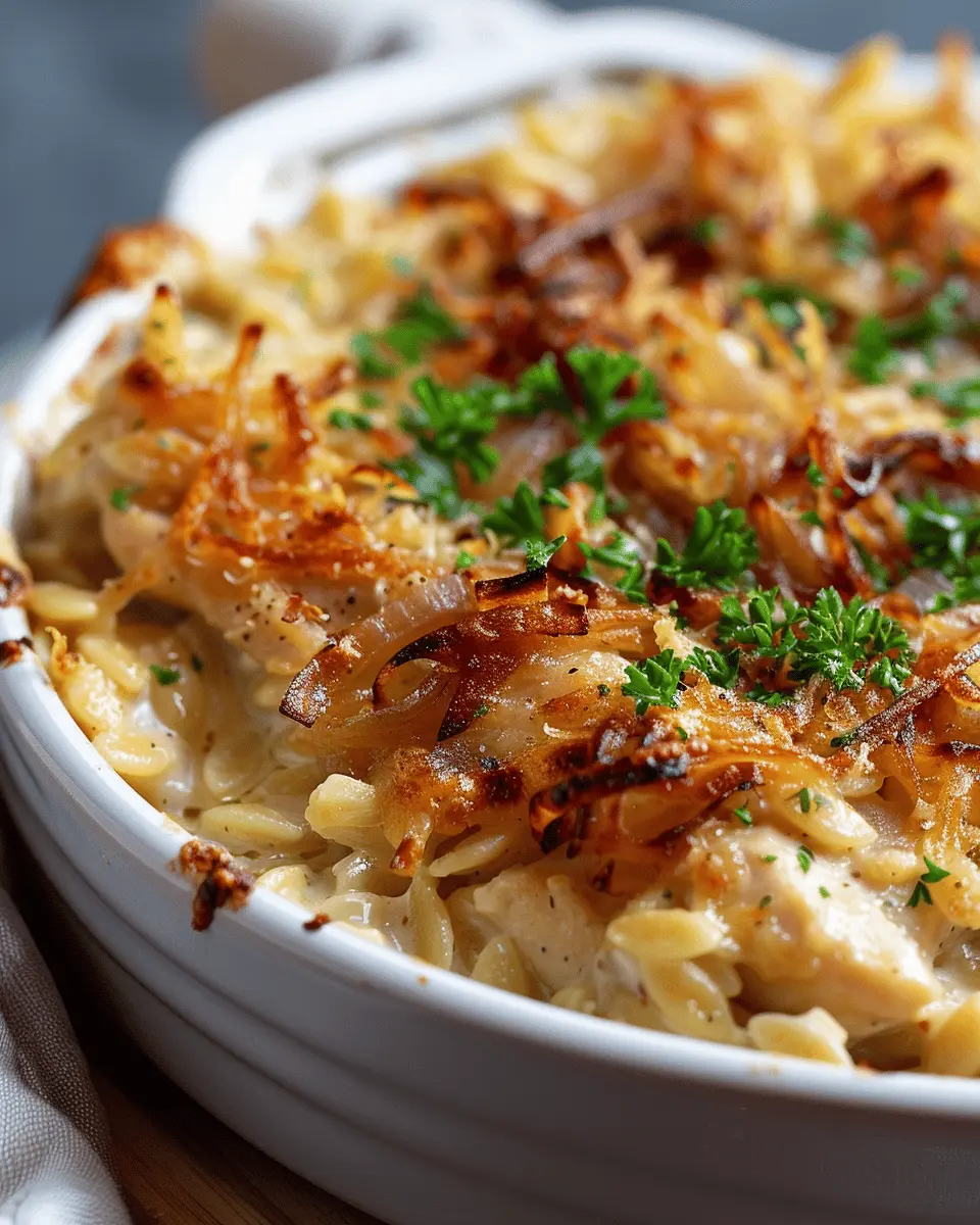French Onion Chicken Orzo Casserole with Savory Turkey Bacon