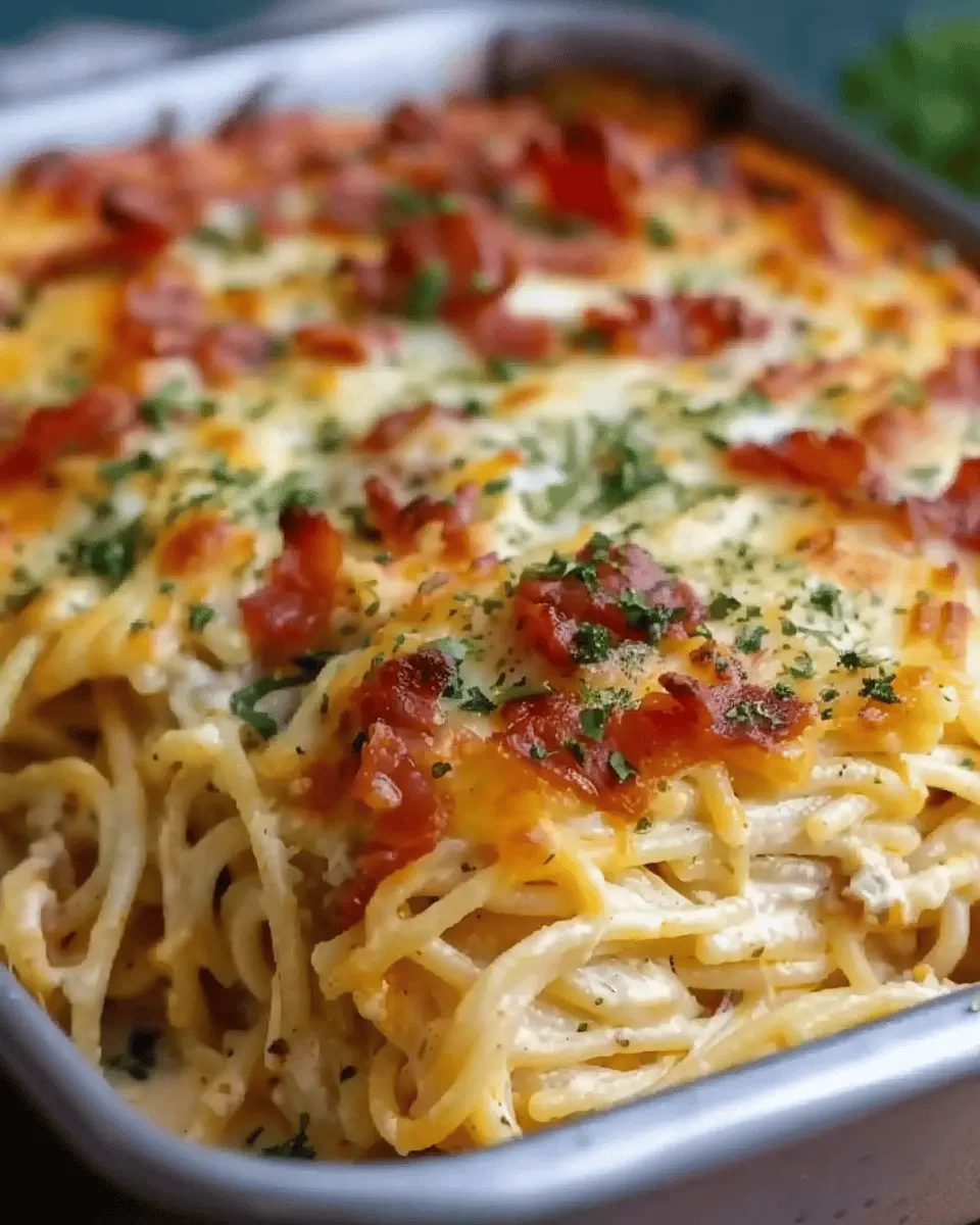 Creamy Southern Spaghetti Bake with Turkey Bacon and Chicken Ham