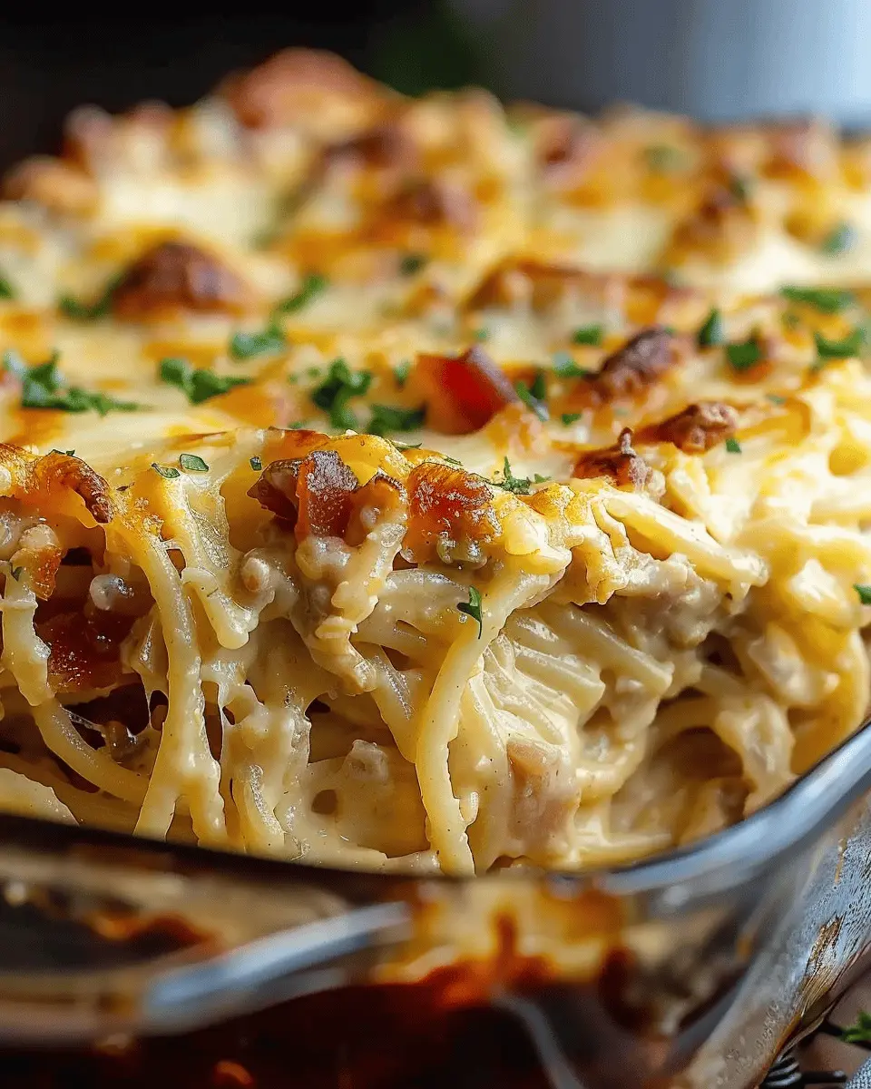 Creamy Southern Spaghetti Bake with Turkey Bacon and Chicken Ham
