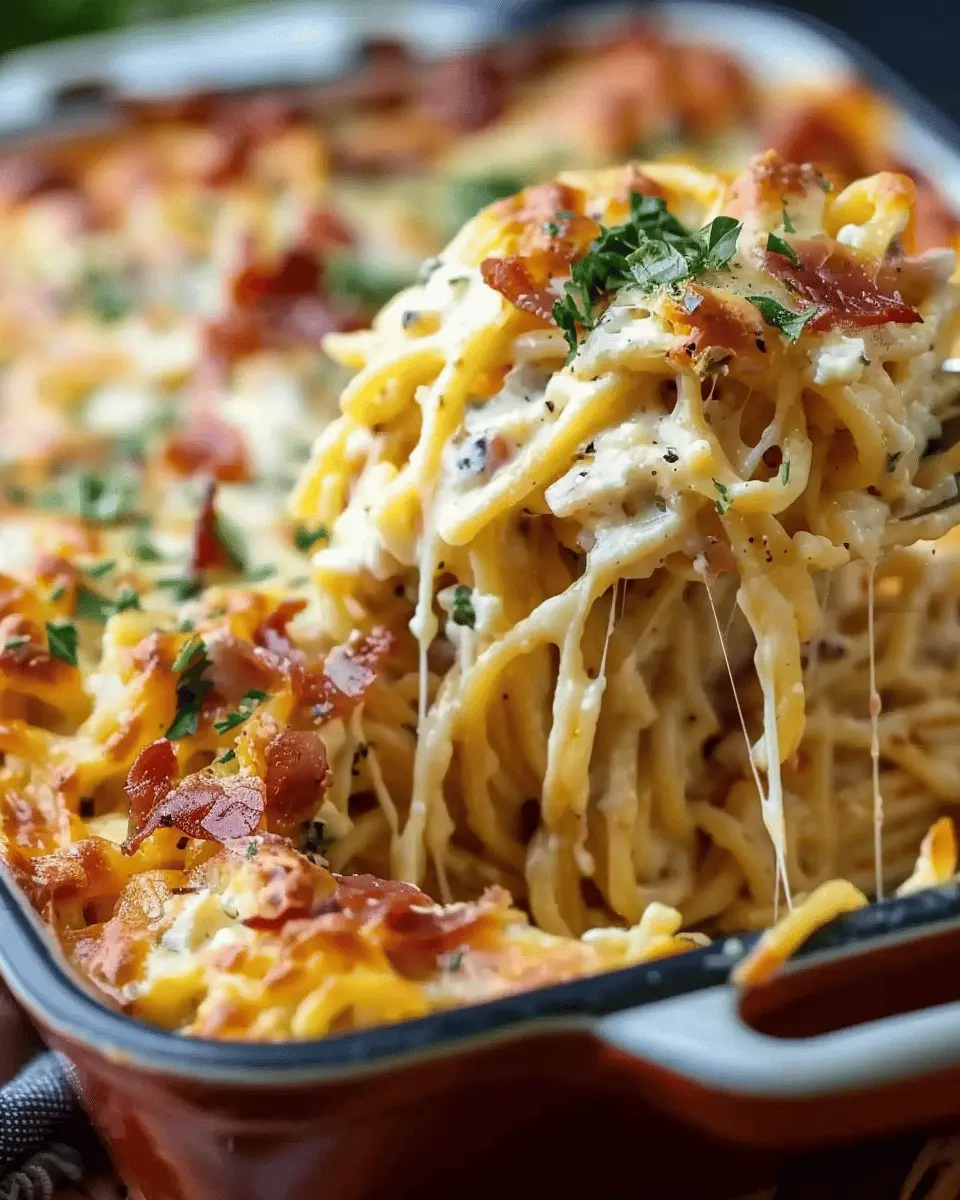 Creamy Southern Spaghetti Bake with Turkey Bacon and Chicken Ham