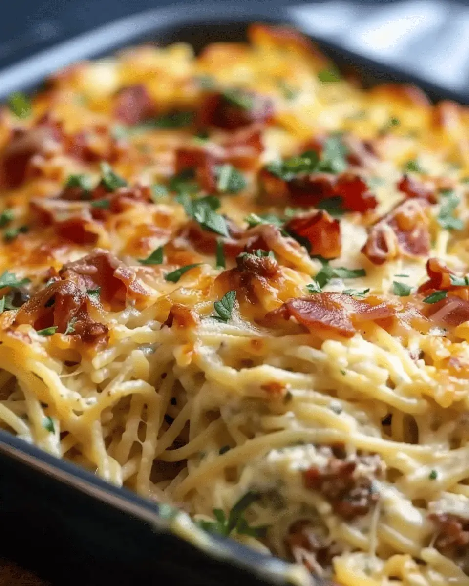 Creamy Southern Spaghetti Bake with Turkey Bacon and Chicken Ham