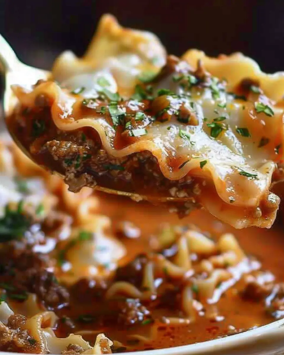 Mouthwatering One Pot Lasagna Soup with Turkey Bacon and Chicken Ham