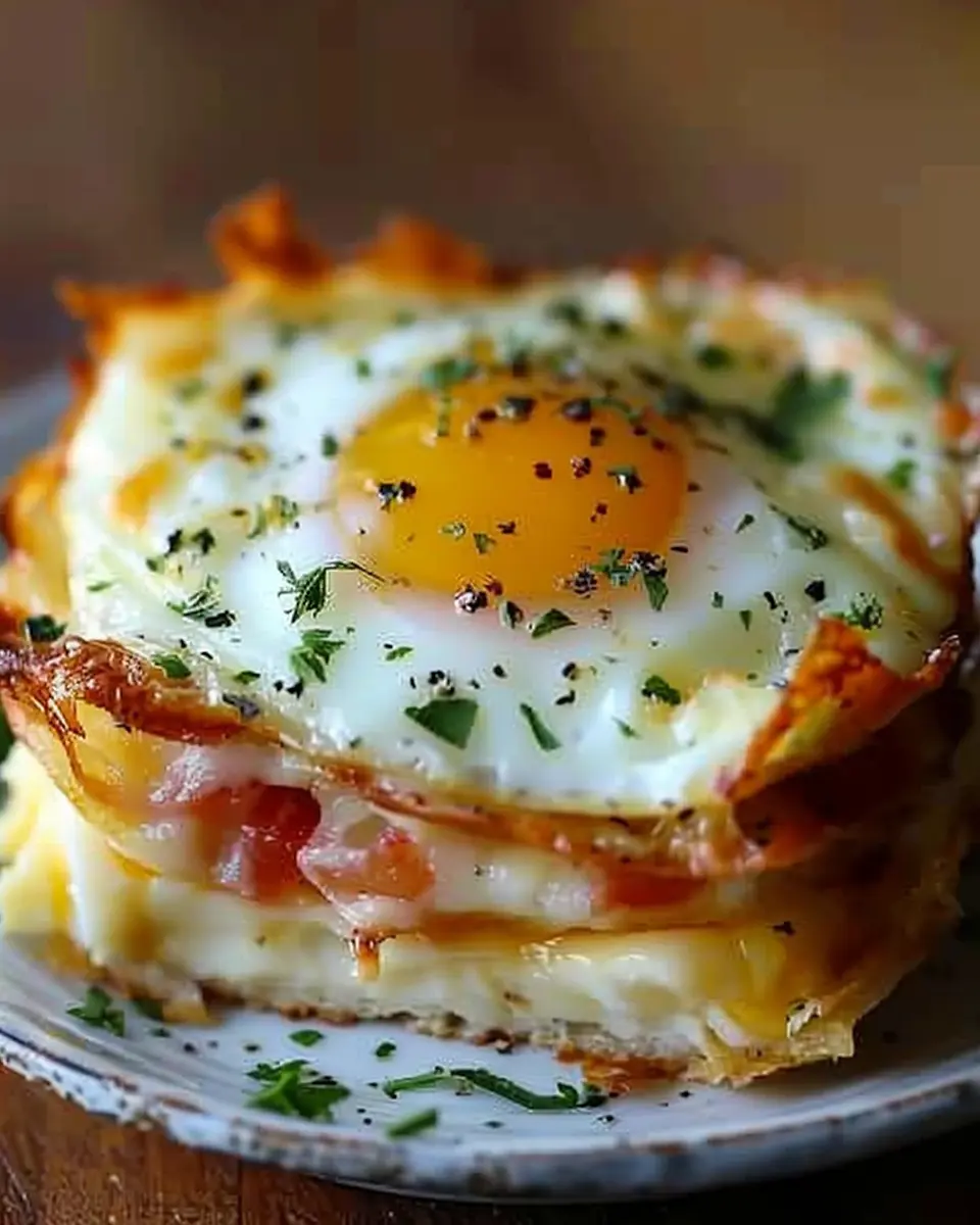 Baked Eggs Napoleon: Easy Gourmet Dish with Turkey Bacon and Chicken Ham