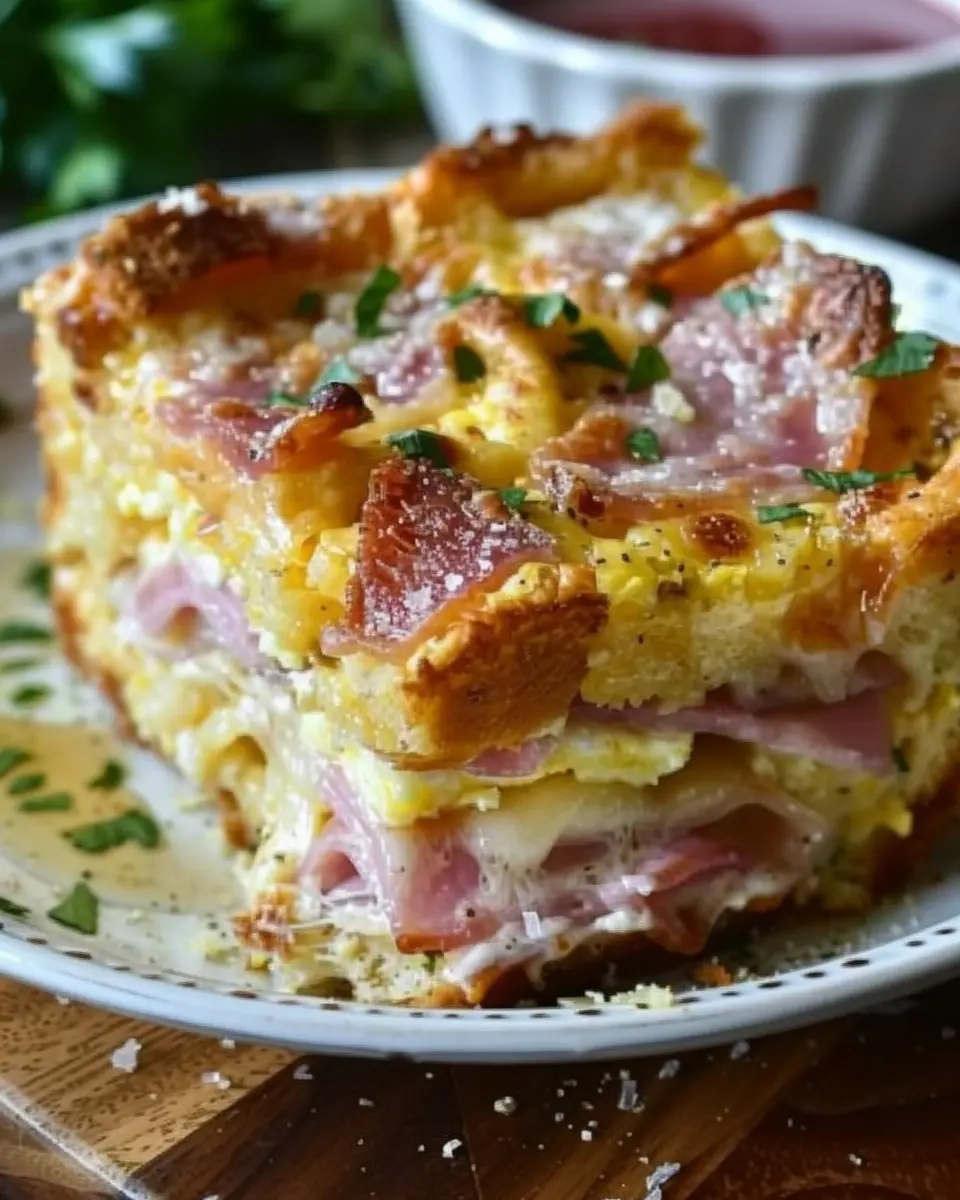 Monte Cristo Breakfast Casserole with Turkey Bacon and Chicken Ham