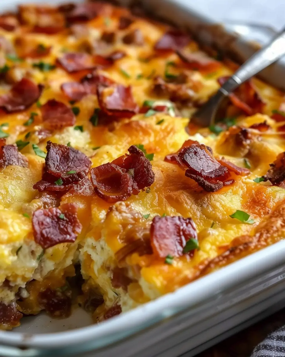 Crack Breakfast Casserole with Turkey Bacon and Chicken Ham Delight