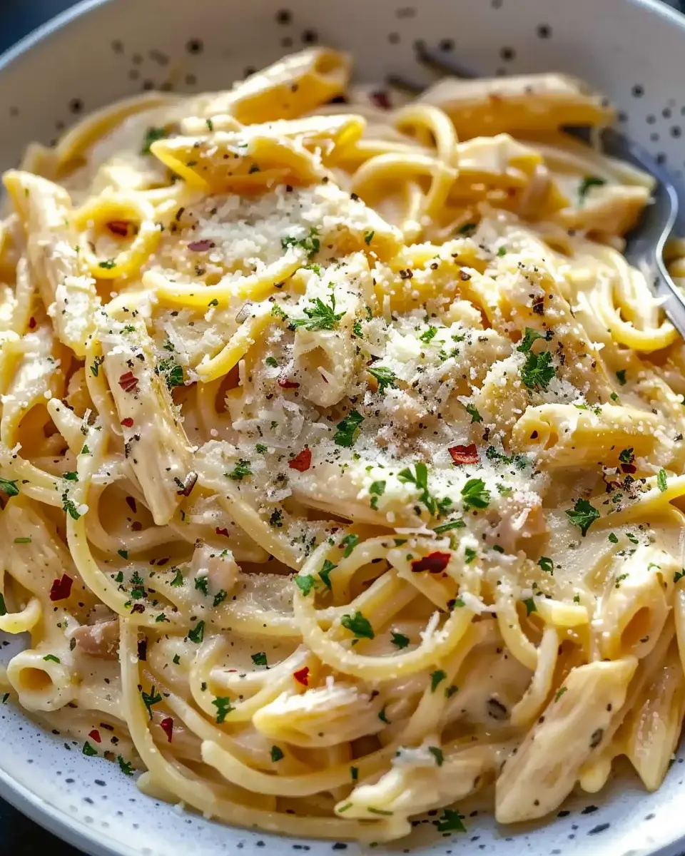 One Pot Creamy Garlic Pasta with Turkey Bacon and Chicken Ham