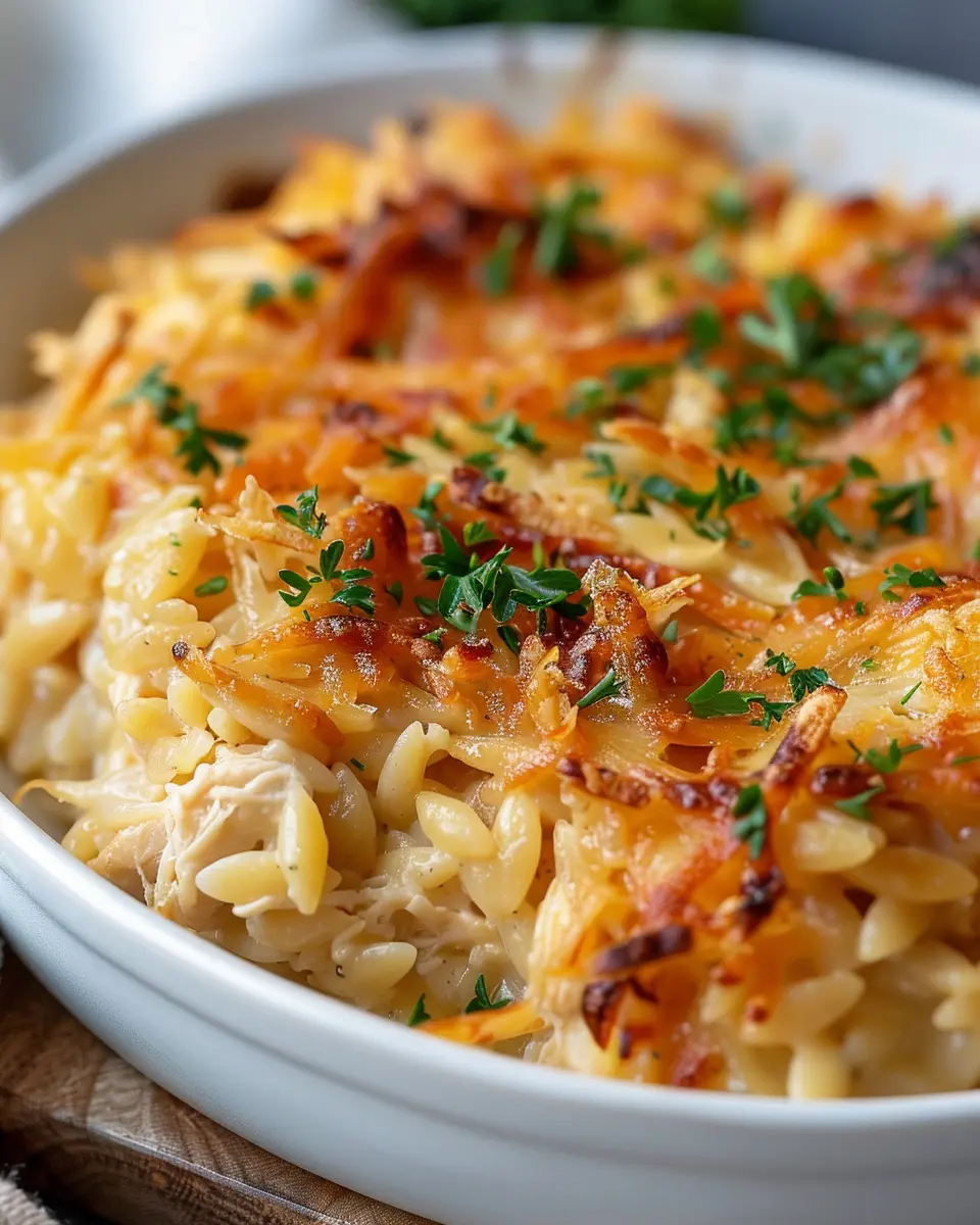 French Onion Chicken Orzo Casserole with Turkey Bacon Delight
