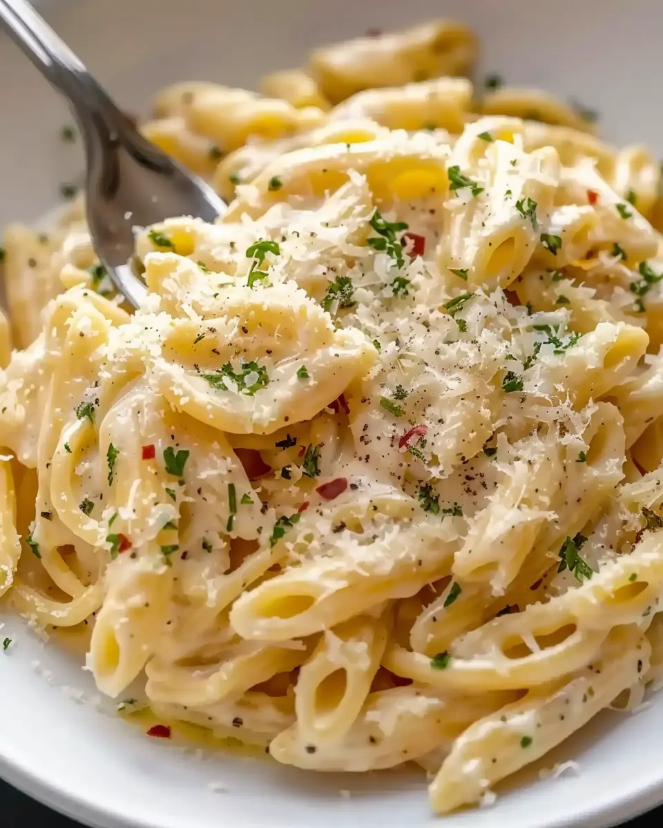 One Pot Creamy Garlic Pasta with Turkey Bacon and Chicken Ham