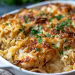 French Onion Chicken Orzo Casserole